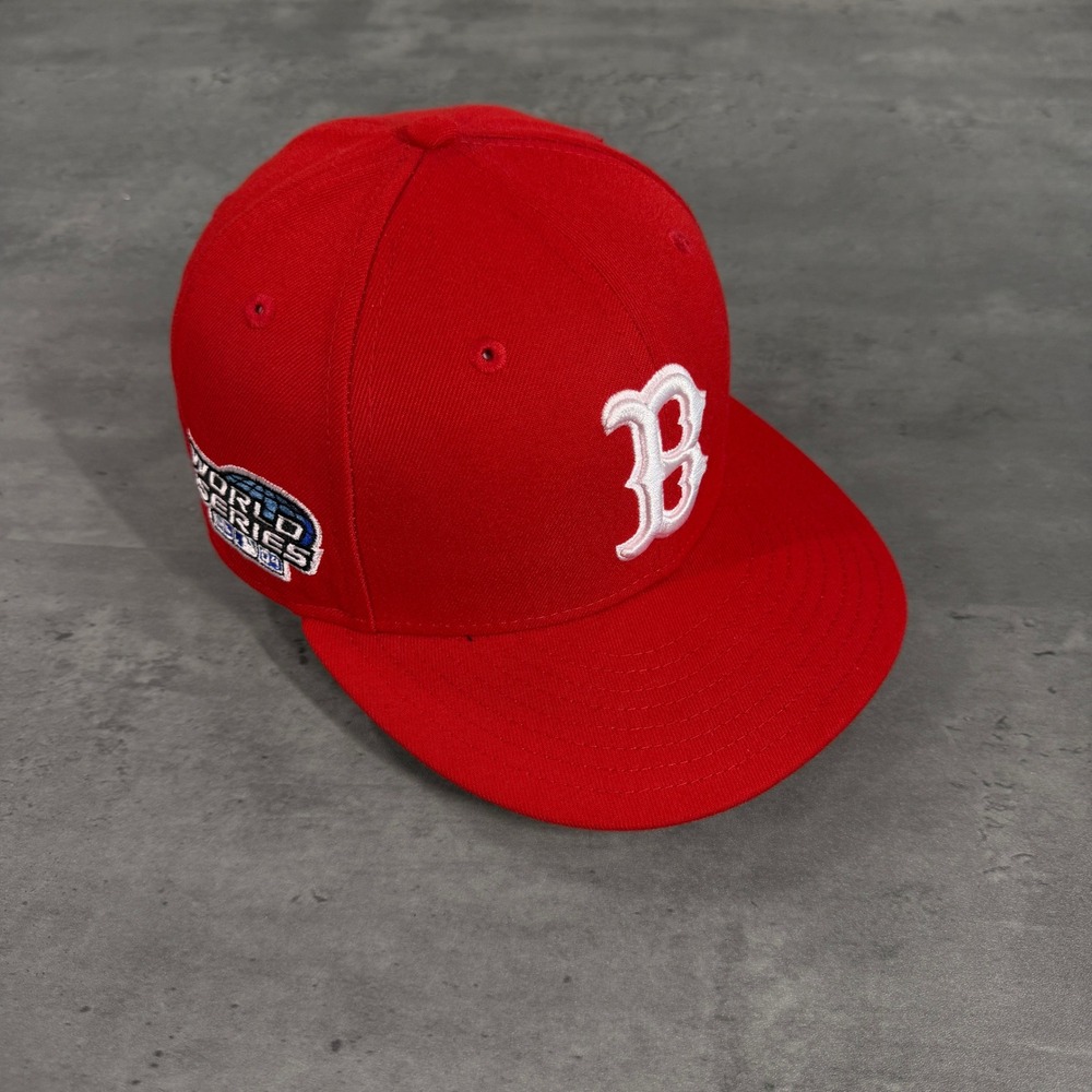 New Era Boston Red Sox Hat 7 Red Pink White Fitted Cap 59FIFTY MLB Side Patch